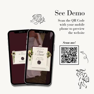 May include: Two smartphones displaying a digital wedding invitation with the text Olivia & David, October 30, 2027, New York, NY. The screen shows an envelope with a wax seal and floral accents. Includes a QR code with the text See Demo and Scan me!
