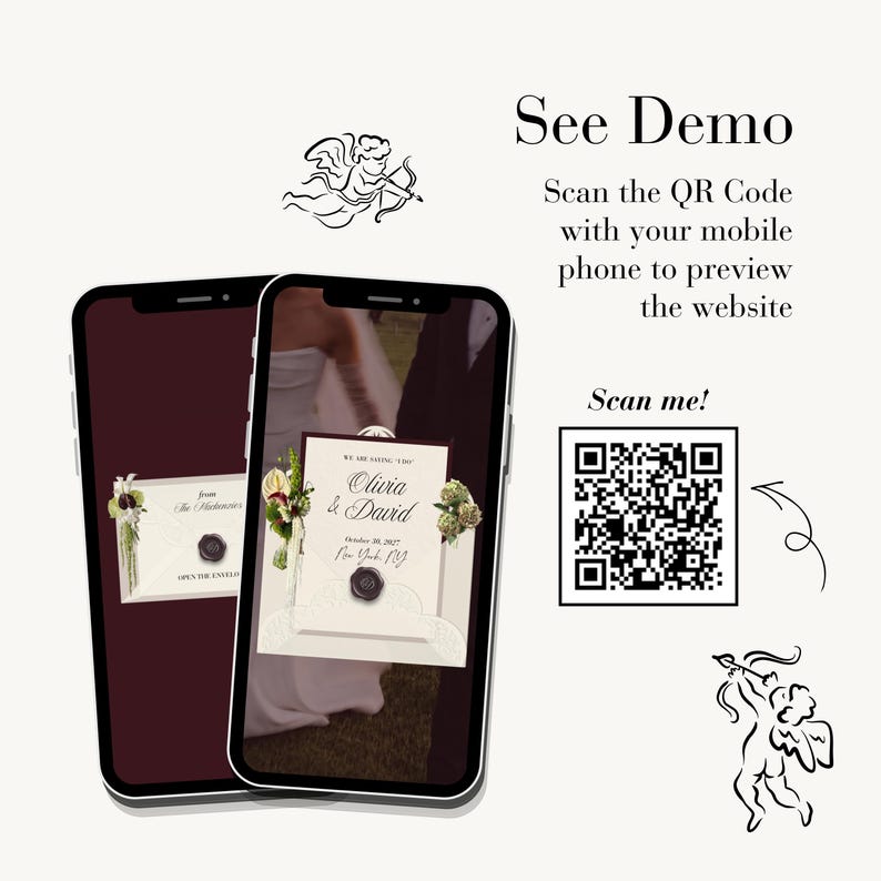 May include: Two smartphones displaying a digital wedding invitation with the text Olivia & David, October 30, 2027, New York, NY. The screen shows an envelope with a wax seal and floral accents. Includes a QR code with the text See Demo and Scan me!