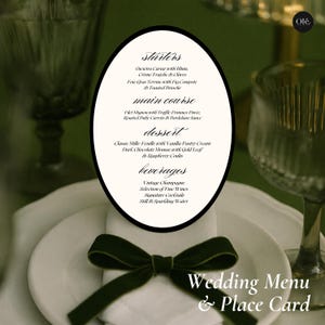 Editable Oval Wedding Menu and Place Card Set, Printable Dinner & Drinks Menu, Guest Name Place Cards, Black Tie Wedding (Digital Download)