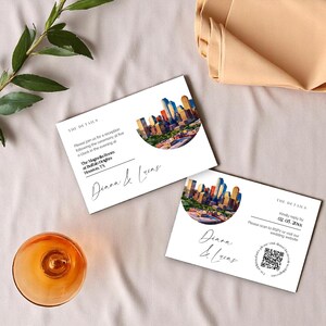 Tarjetas de reserva de fecha de Houston - Tarjetas de invitación de boda con vistas panorámicas de la ciudad - RSVP e información editables - Descarga digital de Templett