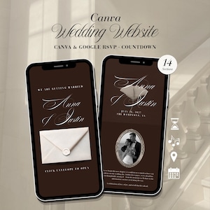 May include: Two smartphones displaying a Canva wedding website template with a dark brown background. The screens show the text "Canva Wedding Website," "Anna & Justin," "July 26, 2027," an envelope graphic, a photo in an oval frame, and 14 sections.