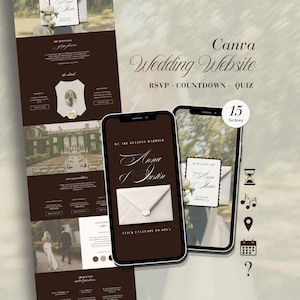 Puede incluir: Una plantilla digital de sitio web de bodas para Canva con un esquema de color marrón oscuro, tipografía serif elegante y diseños adaptables a móviles. Incluye secciones para RSVP, cuenta regresiva y cuestionario, con iconos de tiempo y ubicación.