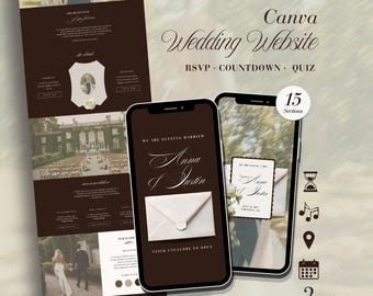 Modèle de site Web de mariage Old Money avec RSVP, site Web canva modifiable, conception adaptée aux mobiles, quiz sur le mariage et lecteur de chansons