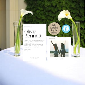 Cartão de agradecimento para madrinhas com foto – Modelo editável – Presente personalizado para madrinhas – Lembrança minimalista para casamento – Templett
