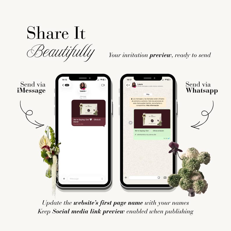 May include: Two smartphones displaying digital invitation previews in messaging apps. The left screen shows an iMessage interface, and the right screen shows a WhatsApp interface. Both display a dark maroon invitation card with floral accents and the text We're Saying I Do - Olivia & David.