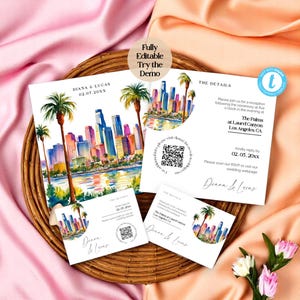 Invitación de boda en Los Ángeles: plantilla editable del horizonte de Los Ángeles, suite de boda urbana moderna, diseño del centro en acuarela