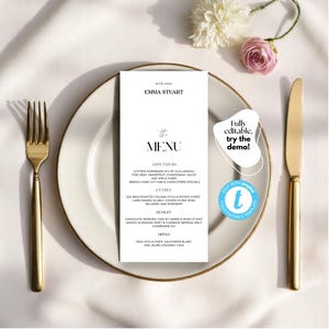 Plantilla de menú de boda personalizada: tarjeta de cena minimalista imprimible y elegante tarjeta de presentación para recepción.