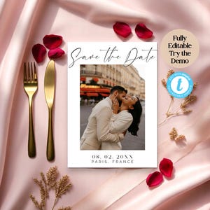 Plantilla para guardar la fecha en París – Tarjeta fotográfica editable – Anuncio de boda – Descarga digital – Invitación de compromiso imprimible