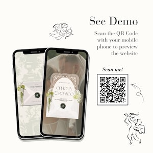 Peut inclure: Deux smartphones affichent une invitation de mariage num&eacute;rique avec les noms Ophelia et Romeo, des accents floraux et un sceau de cire. Le texte inclut See Demo, Scan the QR Code with your mobile phone to preview the website et Scan me!