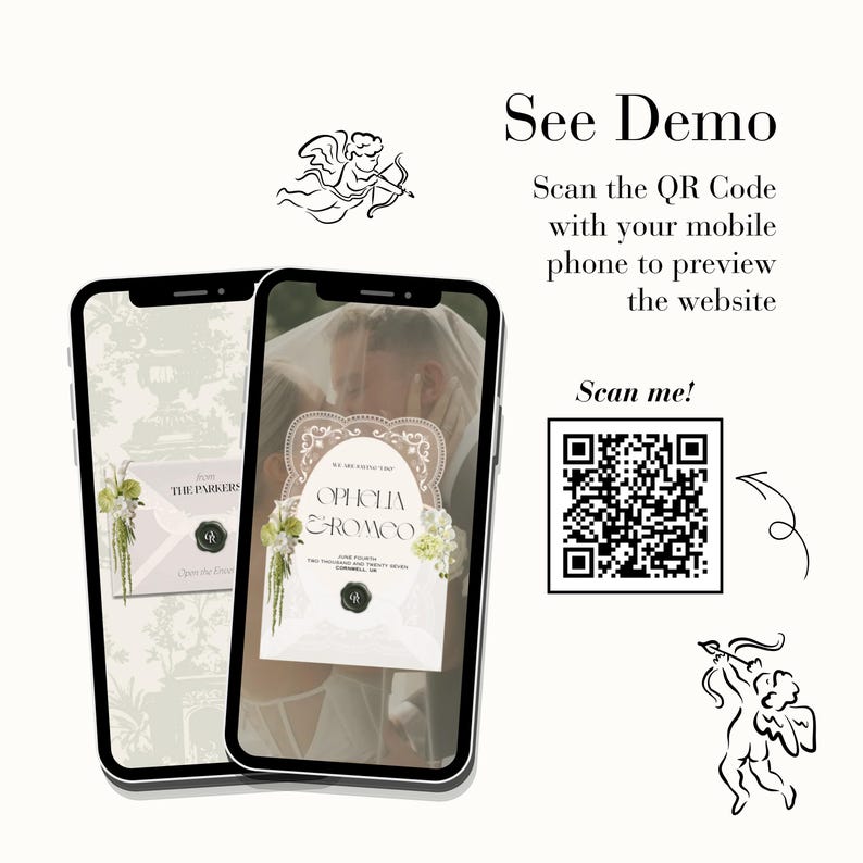 Peut inclure: Deux smartphones affichent une invitation de mariage num&eacute;rique avec les noms Ophelia et Romeo, des accents floraux et un sceau de cire. Le texte inclut See Demo, Scan the QR Code with your mobile phone to preview the website et Scan me!