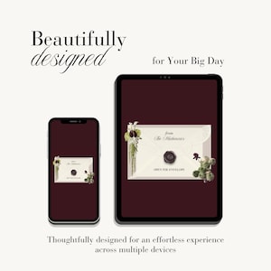 May include: A smartphone and a tablet displaying a digital invitation on a dark maroon background. The invitation features a cream-colored envelope with a dark wax seal, floral accents, and the text "from The Mackenzies" and "OPEN THE ENVELOPE."