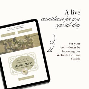 Peut inclure: Une tablette affichant une interface num&eacute;rique de compte &agrave; rebours de mariage avec une image florale, le texte "OUR WEDDING COUNTDOWN IS ON!" et un minuteur indiquant 244 jours, 7 heures, 38 minutes et 33 secondes avec des boutons de confirmation.
