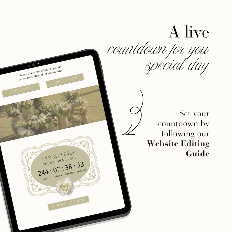 Peut inclure: Une tablette affichant une interface num&eacute;rique de compte &agrave; rebours de mariage avec une image florale, le texte "OUR WEDDING COUNTDOWN IS ON!" et un minuteur indiquant 244 jours, 7 heures, 38 minutes et 33 secondes avec des boutons de confirmation.