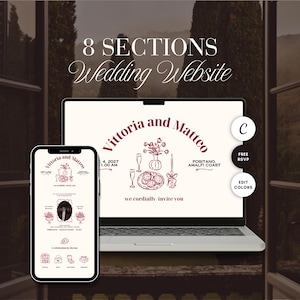 Könnte beinhalten: Ein Laptop und ein Smartphone zeigen ein Hochzeitswebsite-Design. Die Website zeigt die Namen "Vittoria and Matteo", Veranstaltungsdetails und den Satz "we cordially invite you". Zusätzlicher Text enthält "8 SECTIONS Wedding Website", "POSITANO, AMALFI COAST".