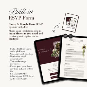 May include: A digital RSVP form template for Canva and Google Forms featuring a dark burgundy and white color scheme. The display shows a mobile interface with fields for guest names, attendance status, and meal preferences, plus a setup guide.