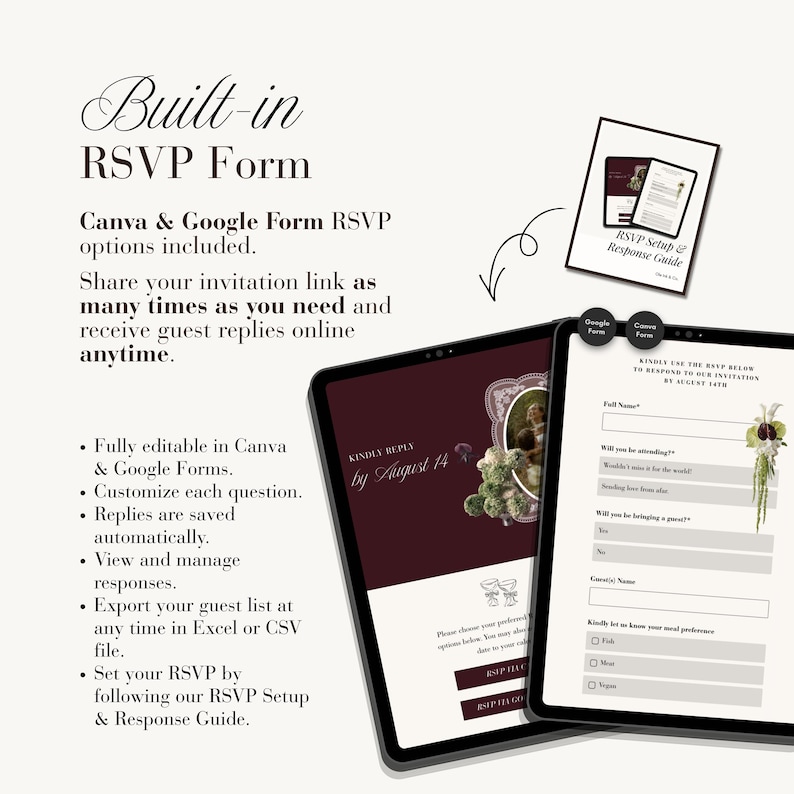 May include: A digital RSVP form template for Canva and Google Forms featuring a dark burgundy and white color scheme. The display shows a mobile interface with fields for guest names, attendance status, and meal preferences, plus a setup guide.