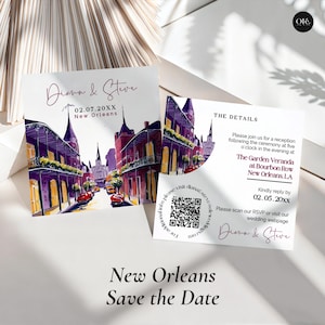 Tarjeta de reserva de fecha de Nueva Orleans, plantilla de invitación de boda, invitación imprimible del Barrio Francés, invitación de boda editable, descarga digital