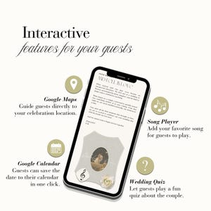 Peut inclure: Un &eacute;cran de smartphone affiche une invitation de mariage num&eacute;rique avec le texte How We Met And Fell In Love. Des ic&ocirc;nes interactives entourent le t&eacute;l&eacute;phone, nomm&eacute;es Google Maps, Song Player, Google Calendar et Wedding Quiz pour les invit&eacute;s.