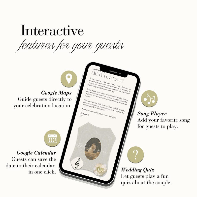 Peut inclure: Un &eacute;cran de smartphone affiche une invitation de mariage num&eacute;rique avec le texte How We Met And Fell In Love. Des ic&ocirc;nes interactives entourent le t&eacute;l&eacute;phone, nomm&eacute;es Google Maps, Song Player, Google Calendar et Wedding Quiz pour les invit&eacute;s.