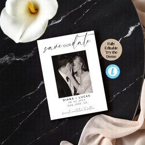 Modelo minimalista para salvar a data com foto – Cartão de convite de casamento moderno, design editável, download instantâneo