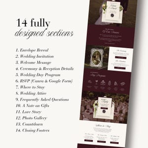 May include: A digital template display featuring 14 fully designed sections for a wedding website. The layout includes text lists, wedding invitation previews, ceremony details, a day program, and RSVP forms with dark maroon and white color schemes.