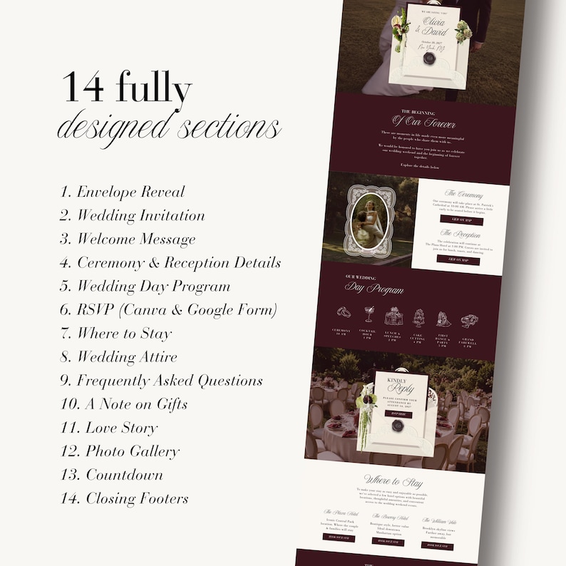 May include: A digital template display featuring 14 fully designed sections for a wedding website. The layout includes text lists, wedding invitation previews, ceremony details, a day program, and RSVP forms with dark maroon and white color schemes.