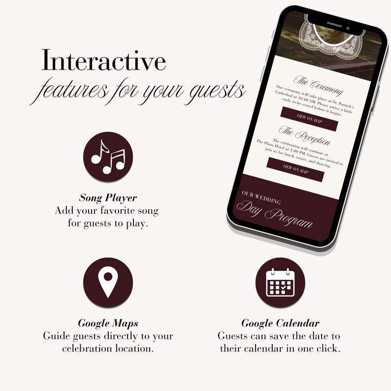 May include: A smartphone displaying a digital wedding day program with interactive features including a song player, Google Maps integration, and a Google Calendar save option. The screen shows ceremony and reception details with buttons for map views.