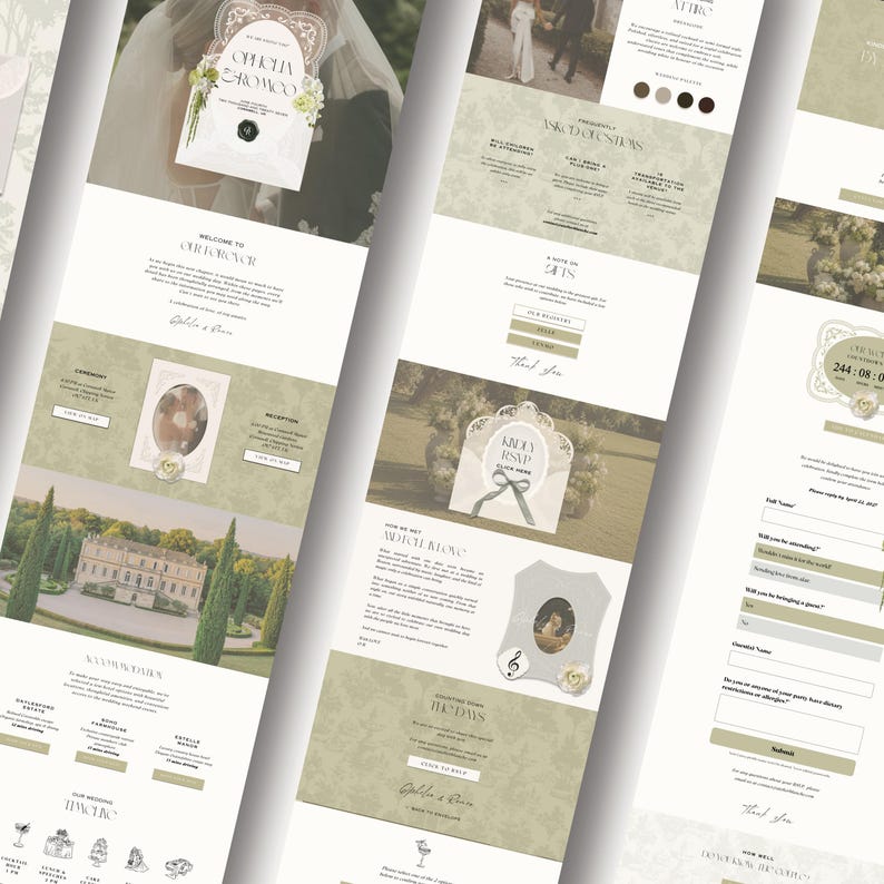 Peut inclure: Un mod&egrave;le de site web pour faire-part de mariage num&eacute;rique avec une palette de couleurs vert sauge et cr&egrave;me, des bordures en dentelle ornement&eacute;es, une typographie serif et des sections pour les d&eacute;tails, les formulaires RSVP et un compte &agrave; rebours.