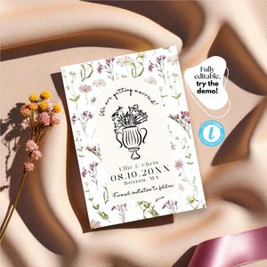 Tarjeta de invitación con flores silvestres – Plantilla botánica para boda con jarrón dibujado a mano – Invitación editable para boda en el jardín