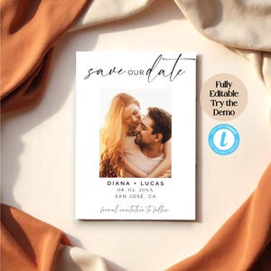 Modelo minimalista para salvar a data com foto – Cartão de convite de casamento moderno, design editável, bege neutro, download instantâneo