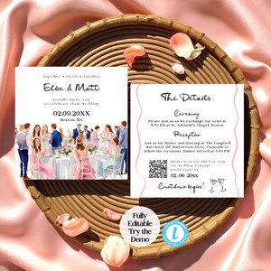 Conjunto de Convites de Casamento Ilustrados – Modelo Editável de 2 Peças com RSVP | Conjunto Elegante de Convites de Casamento Editáveis | Templett