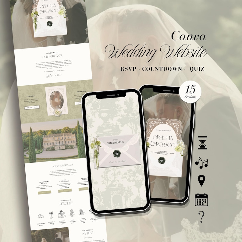 Peut inclure: Un mod&egrave;le de site web de mariage pour Canva affich&eacute; sur deux smartphones et une mise en page verticale. Le design pr&eacute;sente le texte Canva Wedding Website, RSVP, COUNTDOWN, QUIZ, et 15 Sections, avec des ic&ocirc;nes pour minuteur, musique, lieu et calendrier.