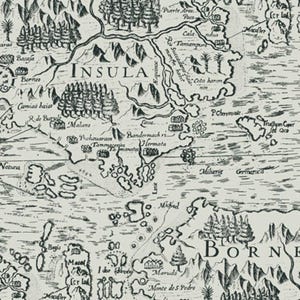 Peut inclure: Une carte vintage en noir et blanc avec les mots "INSULA" et "BORNE" imprimés dessus. La carte présente une variété de caractéristiques géographiques, notamment des rivières, des montagnes et des îles.