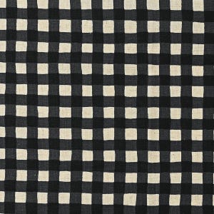 May include: A close-up shot of a black and white checkered fabric. The pattern consists of evenly spaced squares in alternating colors of black, off-white, and dark gray. The fabric appears to be woven.