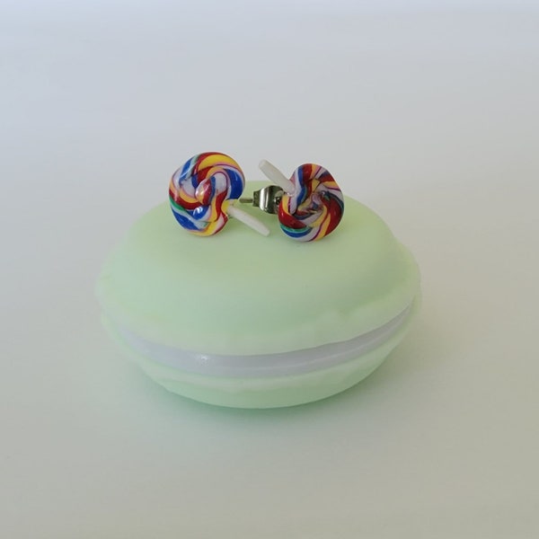 Rainbow lollipop studs, handmade polymer clay jewelry