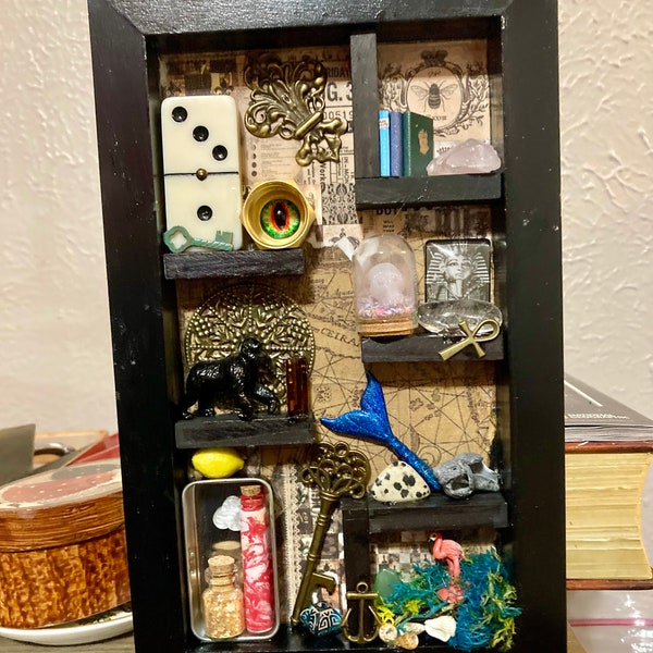 8x10 cabinet of curiosities-  found object and hand made details. Floating shelves.Some accents glow in the dark