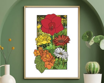 Floral Wall Art, 3 Panel Wall Art, Flower Market Poster, Botanical Wall Art, Preppy Wall Art, Line Art Print, Floral Line Drawing