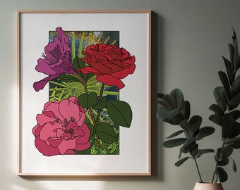 Floral Wall Art, 3 Panel Wall Art, Flower Market Poster, Botanical Wall Art, Preppy Wall Art, Line Art Print, Floral Line Drawing
