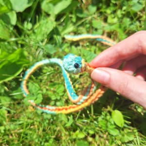 May include: A handmade crochet snake toy with a turquoise head and a body of turquoise, yellow, and orange yarn. The snake has a black bead eye and is set against a background of green grass.