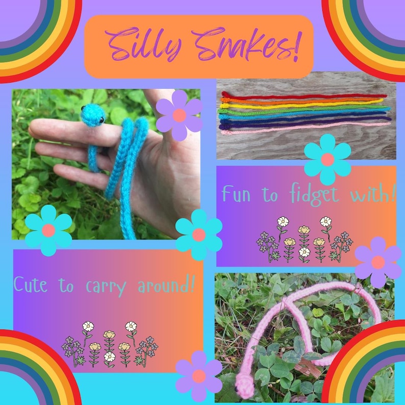 May include: A collection of colorful crocheted snake toys. The snakes are made of yarn in various colors, including blue, pink, red, orange, yellow, green, and purple. The snakes are shown in different poses, some are coiled up, some are stretched out, and some are being held by a hand. The text "Silly Snakes!" is written in a playful font on a peach background. The text "Fun to fidget with" is written on a purple background with white flowers. The text "Cute to carry around!" is written on a purple background with white flowers.