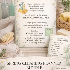 May include: A spring cleaning planner bundle with a floral design. The bundle includes checklists, decluttering guides, and DIY recipes. The image also shows cleaning supplies and spray bottles.