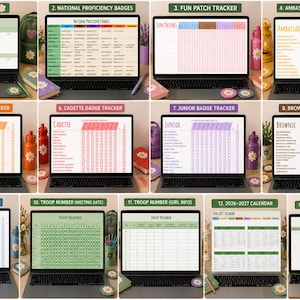 May include: Thirteen laptops display digital organizational templates for a scout troop, including badge trackers for Daisy, Brownie, Junior, Cadette, Senior, and Ambassador levels, plus troop rosters, meeting date logs, and a 2026-2027 calendar.