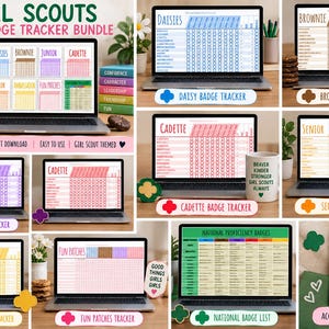 May include: A digital Girl Scouts badge tracker bundle displayed on multiple laptop screens and a smartphone. The collection includes trackers for Daisies, Brownie, Junior, Cadette, Senior, Ambassador levels, fun patches, and a national badge list.