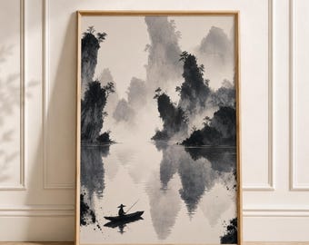 Dimmig bläckflodlandskap väggkonst utskrivbar, Sumi-e bergstryck, fiskarbåtsaffisch, Japandi asiatisk dekor, digital nedladdning