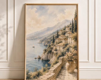 Arte de parede em aquarela com paisagem marítima mediterrânea da Vila Costeira de Amalfi, pôster neutro da Europa, download digital.