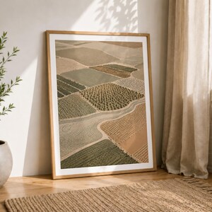 Pode incluir: Uma impress&atilde;o de arte de parede vertical emoldurada apresentando uma vista a&eacute;rea de campos agr&iacute;colas em tons de bege, castanho, verde-azeitona e s&aacute;lvia. A paisagem exibe v&aacute;rias texturas de culturas e padr&otilde;es de solo separados por caminhos.