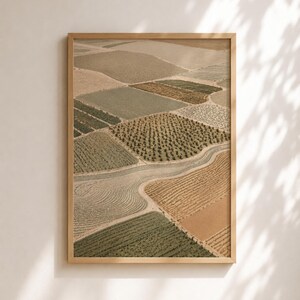 Pode incluir: Uma impress&atilde;o de arte de parede vertical emoldurada apresentando uma vista a&eacute;rea de campos agr&iacute;colas em tons de bege, verde-oliva e marrom. A paisagem &eacute; dividida em se&ccedil;&otilde;es geom&eacute;tricas com texturas variadas, incluindo fileiras de planta&ccedil;&otilde;es.