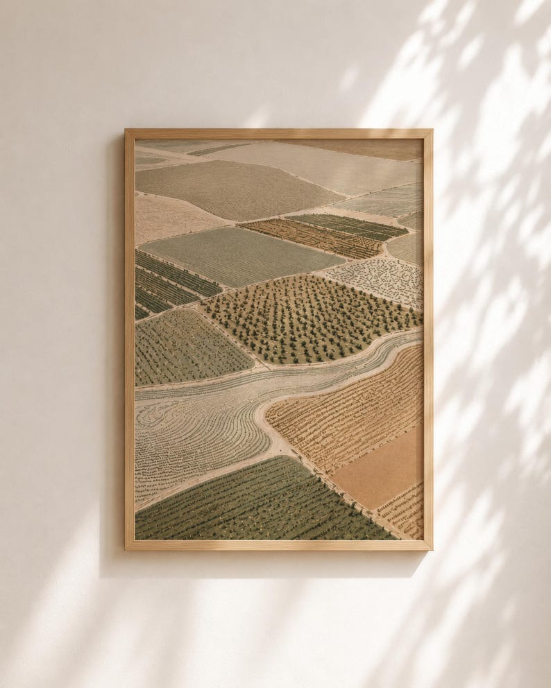 Pode incluir: Uma impress&atilde;o de arte de parede vertical emoldurada apresentando uma vista a&eacute;rea de campos agr&iacute;colas em tons de bege, verde-oliva e marrom. A paisagem &eacute; dividida em se&ccedil;&otilde;es geom&eacute;tricas com texturas variadas, incluindo fileiras de planta&ccedil;&otilde;es.