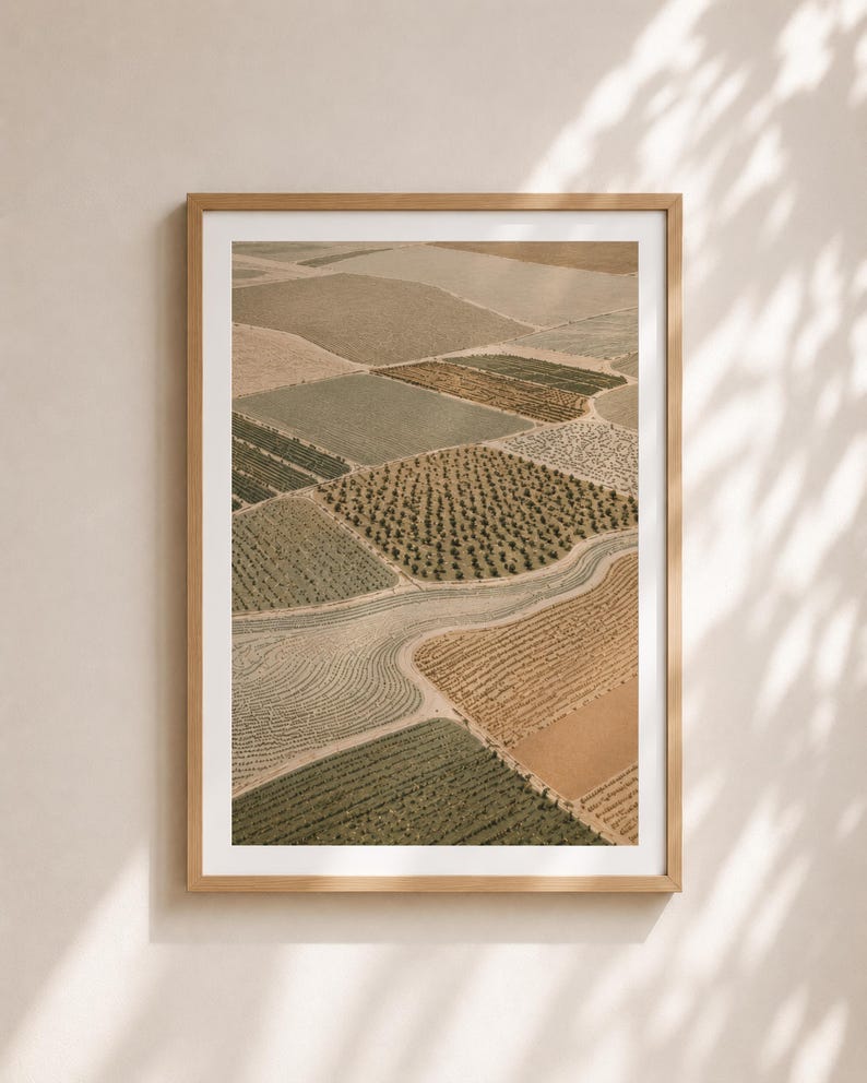 Arte de parede para impressão com paisagem rural neutra em mosaico, estilo patchwork aéreo, com design geométrico para download digital. imagem 10