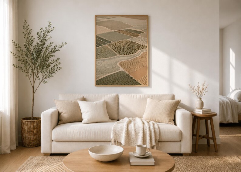 Pode incluir: Uma impress&atilde;o de arte de parede retangular com uma vista a&eacute;rea de campos agr&iacute;colas em tons de verde, bege e castanho, emoldurada numa moldura de madeira clara. A obra de arte exibe um padr&atilde;o de grelha de terras cultivadas.